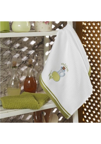 Yumuşak Pamuklu Mutfak Havlusu, 2'li, Beyaz-Yeşil, 40X60 cm