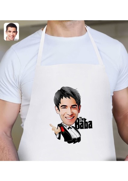 Kişiye Özel Baba Karikatürlü Beyaz Mutfak Önlüğü, Renkli ve Şık Tasarım