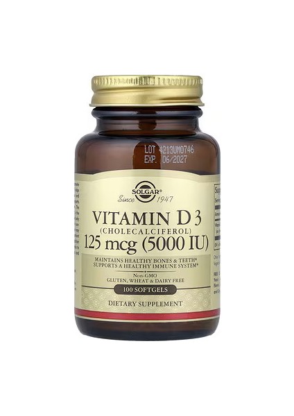 Vitamin D3 Healthy Bones & Teeth Immune System 125 Mcg 5000 Iu 100 Softgels