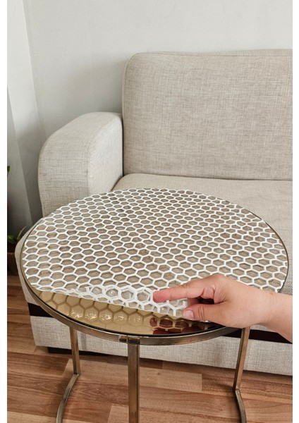 Yuvarlak Orta Sehpa Petek Desenli Çeyizlik Pvc Şeffaf Masa Örtüsü Hasır Lüx Silinebilir Hediyelik