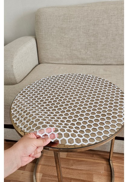 Yuvarlak Orta Sehpa Petek Desenli Çeyizlik Pvc Şeffaf Masa Örtüsü Hasır Lüx Silinebilir Hediyelik