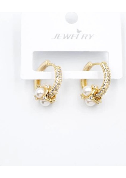 Incili Taşlı Halka Küpe - Altın