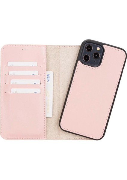 Apple iPhone 12 Pro Max Uyumlu Deri Cüzdanlı Kılıf Nu2 Pembe