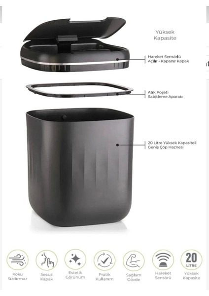Otomatik Hareket Sensörlü Akıllı Çöp Kovası – 20 Litre Sessiz ve Hijyenik Kullanım fırsatları