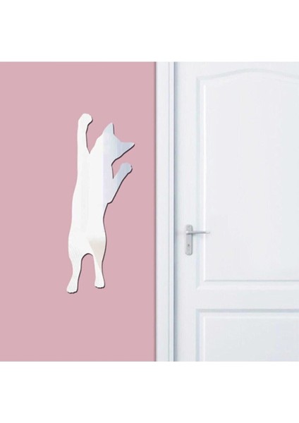 Gümüş Renkli Kedi Tasarımlı Aynalı Pleksi Duvar Dekoru 38X14 cm