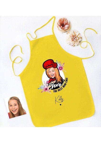 Kişiye Özel Karikatürlü Anneler Günü Tasarımlı Sarı Mutfak Önlüğü