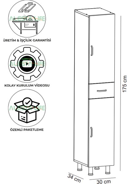2 Kapaklı Çekmeceli 4 Raflı Mutfak Dolabı | Banyo Dolabı | Kiler Dolabı | Çok Amaçlı Dolap - Sonomo