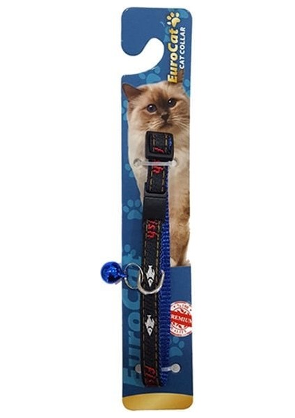 Balık Desenli Kedi Boyun Tasması Mavi/Siyah 10 Mm 28 Cm