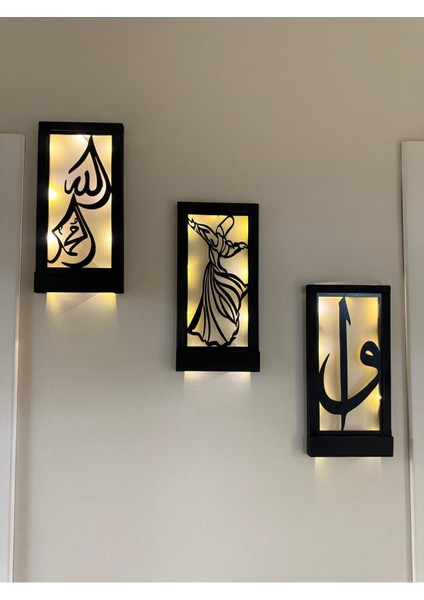 Ledli Ahşap Tablo, Elif Vav, Allah, Muhammed, Semazen, Hac ve Umre Temalı Dekor