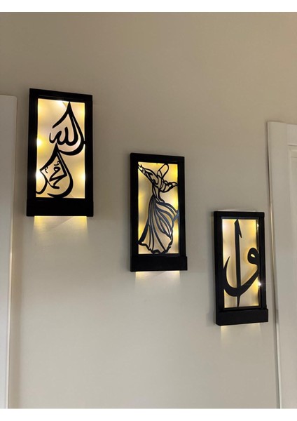 Ledli Ahşap Tablo, Elif Vav, Allah, Muhammed, Semazen, Hac ve Umre Temalı Dekor fiyatları