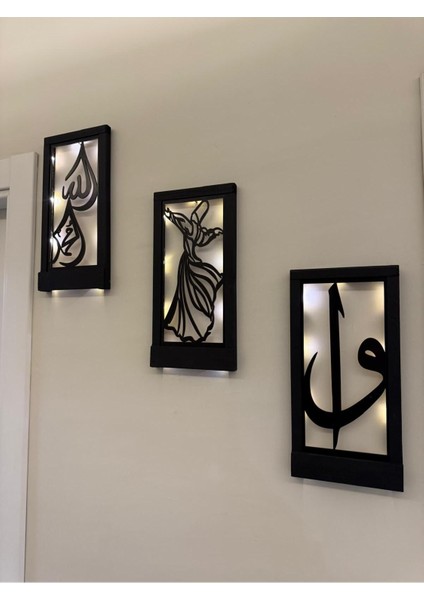 Ledli Ahşap Tablo, Elif Vav, Allah, Muhammed, Semazen, Hac ve Umre Temalı Dekor fırsatları