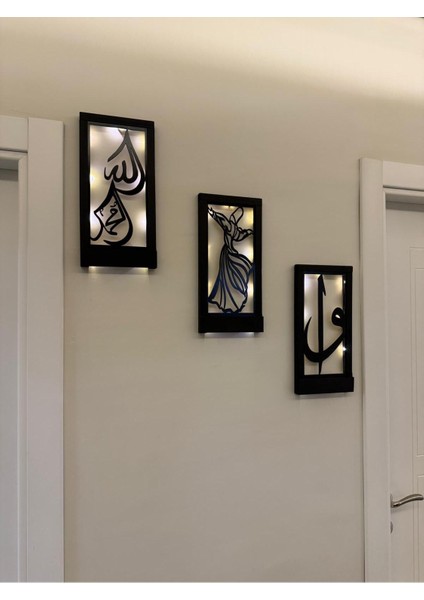 Ledli Ahşap Tablo, Elif Vav, Allah, Muhammed, Semazen, Hac ve Umre Temalı Dekor