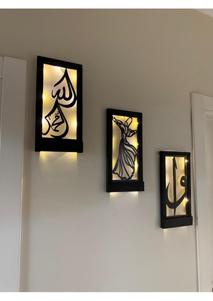 Ledli Ahşap Tablo, Elif Vav, Allah, Muhammed, Semazen, Hac ve Umre Temalı Dekor