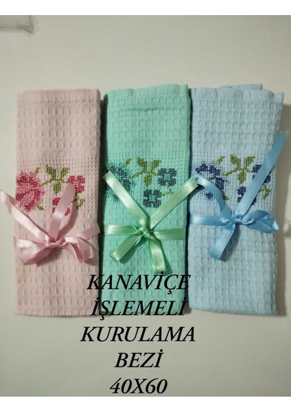 Pembe Kanaviçe Işlemeli 40X60 3'lü Kurulama Bezi, Mutfak Havlusu ve Peçete Seti