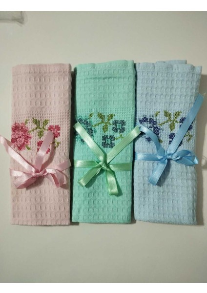 Pembe Kanaviçe Işlemeli 40X60 3'lü Kurulama Bezi, Mutfak Havlusu ve Peçete Seti fiyatları