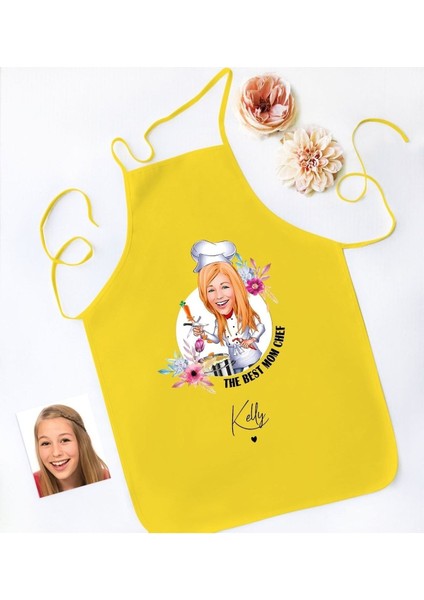 Kişiye Özel Karikatürlü Sarı Mutfak Önlüğü, Aşçı ve Şefler Için Renkli Tasarım