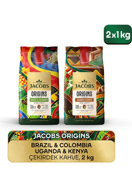 Origins Brazil & Colombia + Uganda & Kenya Çekirdek Kahve 1 kg 2'li Paket