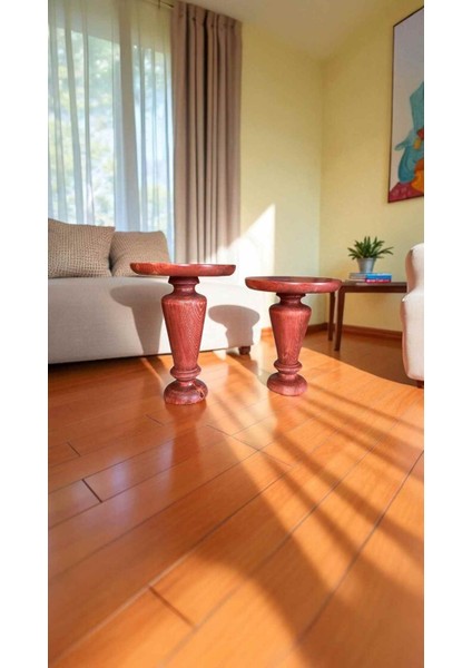 Dekoratif Ahşap Mantar Sehpa 2’li Set – Maun Renk Yan Sehpa Modelleri