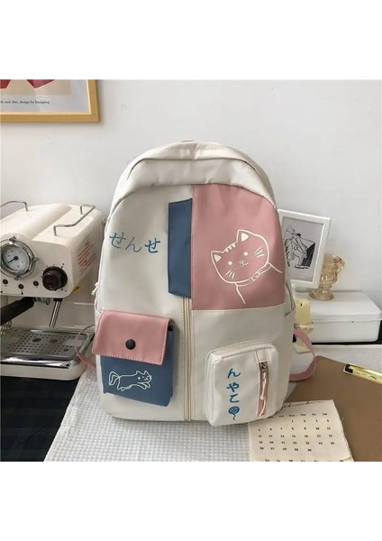 Koreli Sevimli Karikatür Kedi Kadın Sırt Çantası Ortaokul Öğrencileri Okul Çantası Büyük Kapasiteli Naylon Su Geçirmez Seyahat Sırt Çantası Renk: Beyaz Yok Kolye (Yurt Dışından)