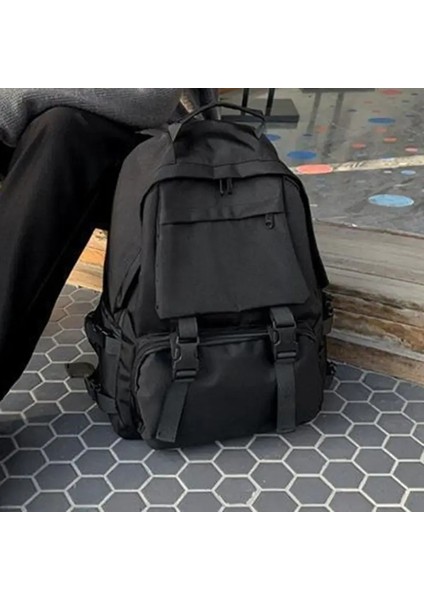 Basit Sırt Çantaları Büyük Kapasiteli Seyahat Çantası Katı Harajuku Öğrenci Okul Çantası Sırt Çantası Kadın Erkek Çanta Unisex Yüksek Tramvay: Siyah A (Yurt Dışından)