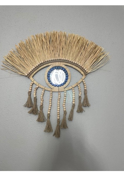 Kahverengi Püsküllü Rafya Ayna Dekor, Şık ve Doğal Tasarım