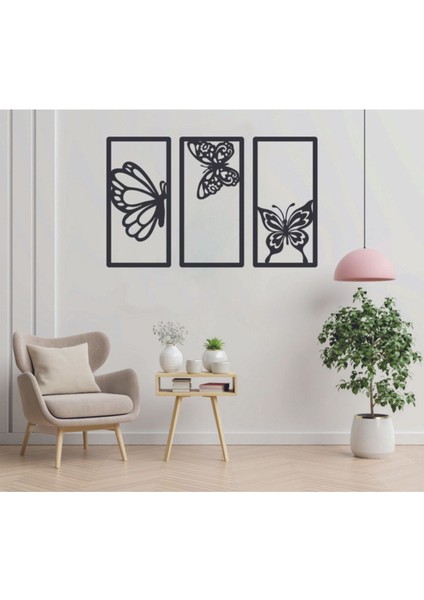 Lazer Kesim Ahşap Kelebekler Dekoratif Tablo, 3'lü, Siyah Renk