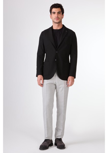 Siyah Balıksırtı Desen Torba Cep Slim Fit Erkek Ceket