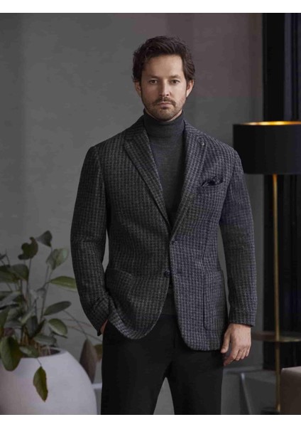 Koyu Gri Melanj Erkek Slim Fit Mono Yaka Ceket