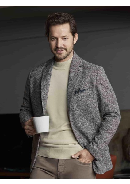 Kahverengi Erkek Slim Fit Melanj Desenli Casual Mono Yaka Ceket