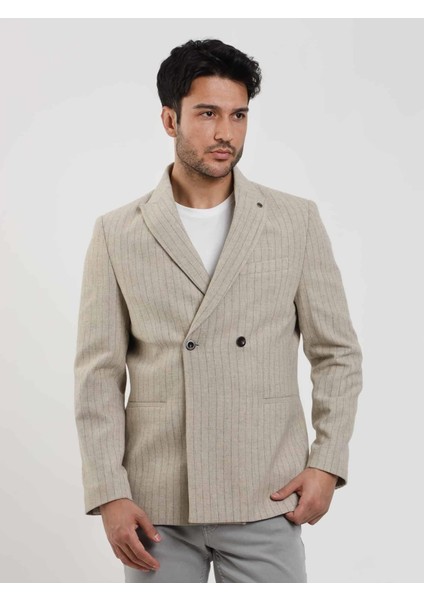 Bej Erkek Regular Fit Çizgili Klasik Sivri Yaka Ceket