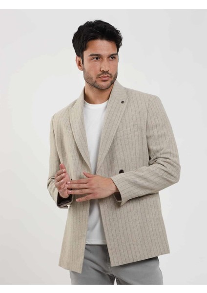 Bej Erkek Regular Fit Çizgili Klasik Sivri Yaka Ceket modelleri