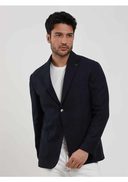 Lacivert Erkek Slim Fit Çizgili Casual Mono Yaka Ceket