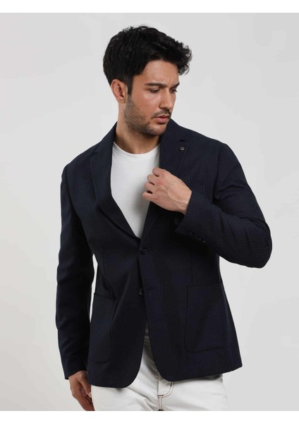 Lacivert Erkek Slim Fit Çizgili Casual Mono Yaka Ceket modelleri