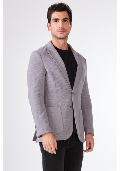 Gri Erkek Slim Fit Balıksırtı Desenli Mono Yaka Ceket indirimleri