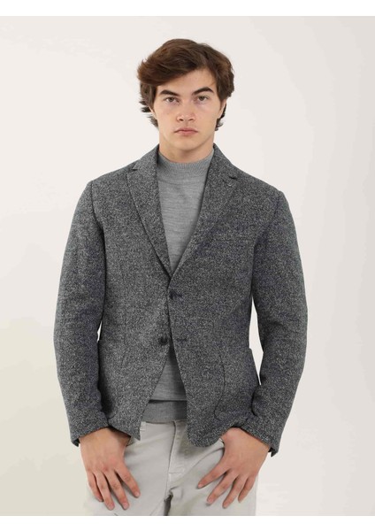 Lacivert Erkek Slim Fit Melanj Desenli Casual Mono Yaka Ceket