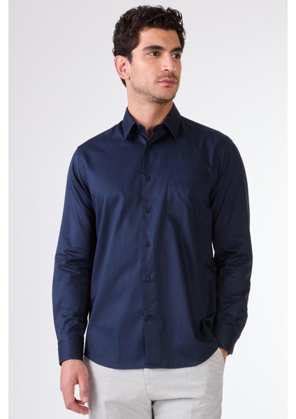 Lacivert Erkek Slim Fit Klasik Yaka Uzun Kol Gömlek