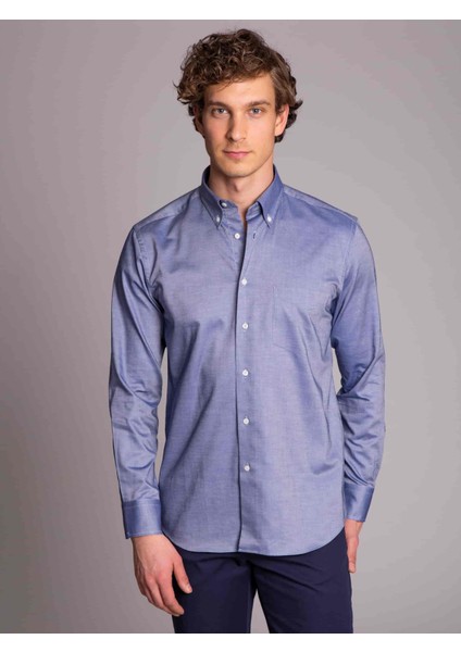 Lacivert Erkek Regular Fit Düğmeli Yaka Uzun Kol Gömlek fiyatları