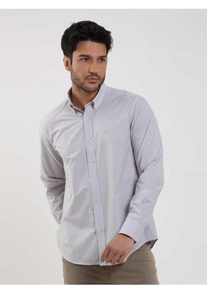 Regular Fit Düğmeli Yaka Bej Erkek Gömlek DU1234013010