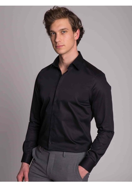 Siyah Erkek Slim Fit Düz Gömlek-DU1999011015A