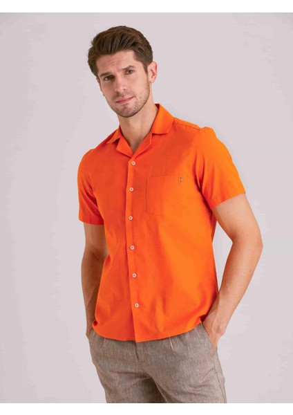 Turuncu Erkek Slim Fit Küba Yaka Kısa Kol Gömlek