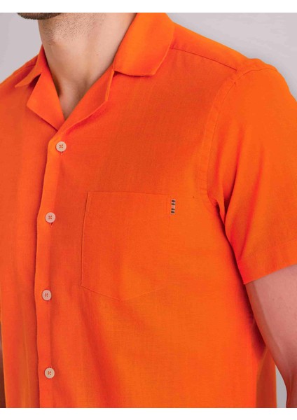 Turuncu Erkek Slim Fit Küba Yaka Kısa Kol Gömlek fiyatları