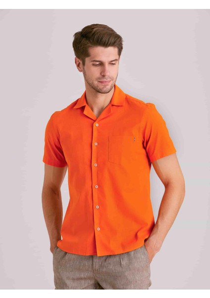 Turuncu Erkek Slim Fit Küba Yaka Kısa Kol Gömlek fırsatları