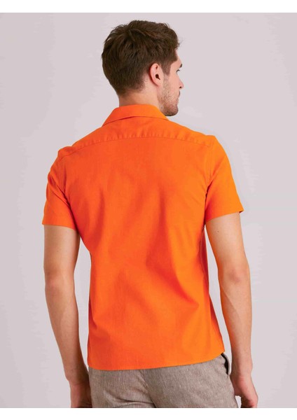 Turuncu Erkek Slim Fit Küba Yaka Kısa Kol Gömlek indirimleri