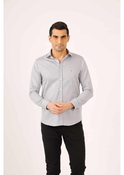 Koyu Gri Erkek Slim Fit Yarım İtalyan Yaka Uzun Kol Gömlek