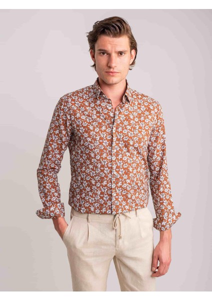 Kahve Erkek Slim Fit Brent Alttan Düğmeli Yaka Uzun Kol Gömlek