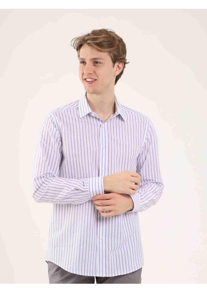 Lila Erkek Slim Fit Brent Yaka Uzun Kol Gömlek