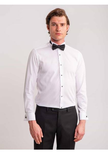 Beyaz Erkek Slim Fit Çizgili Ata Yaka Uzun Kol Gömlek