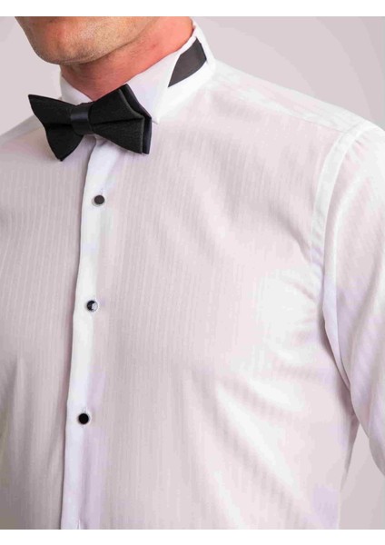 Beyaz Erkek Slim Fit Çizgili Ata Yaka Uzun Kol Gömlek fiyatları