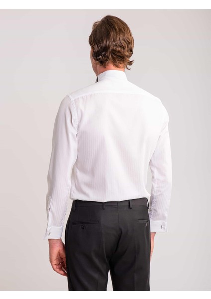 Beyaz Erkek Slim Fit Çizgili Ata Yaka Uzun Kol Gömlek modelleri