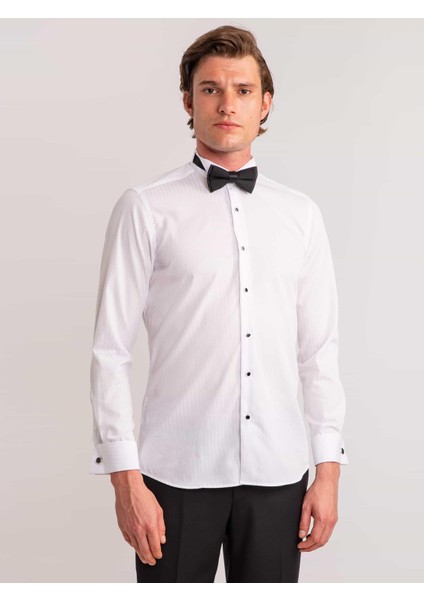 Beyaz Erkek Slim Fit Çizgili Ata Yaka Uzun Kol Gömlek fırsatları